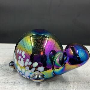 Hand Blown Iridescent Blue Carnival Glass Turtle Paperweight Infused White Spots
